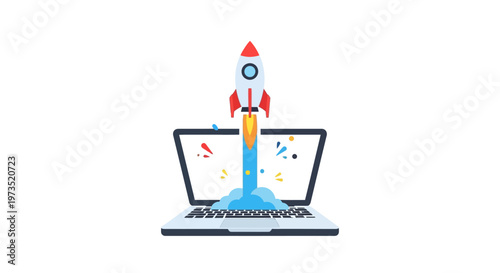 Rocket launching from laptop computer screen.