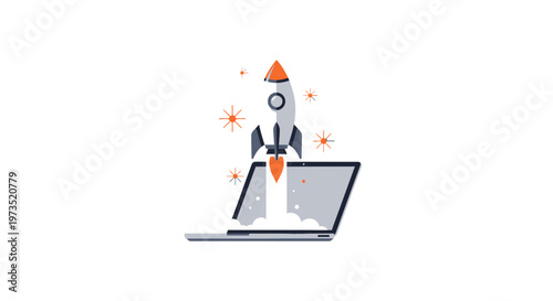 Rocket launching from laptop computer screen.