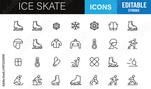 Modern ice skate icon collection featuring winter clothing and snow elements in outline style