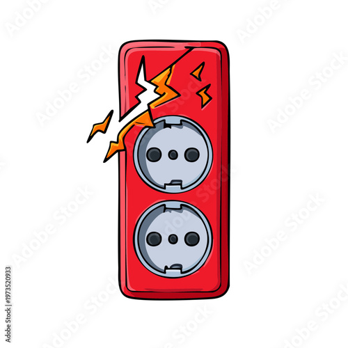 Damaged red electrical outlet with sparking hazard symbol