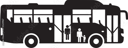 Black bus icon, city transportation symbol, passenger vehicle silhouette, travel sign