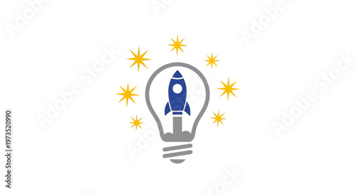 Rocket ship inside a lightbulb with stars.