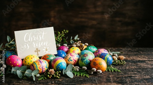 Easter Eggs Arrangement: Vibrant, hand-painted Easter eggs nestled among fresh greenery and a wooden surface, embodying the spirit of renewal and celebration.