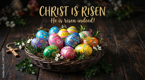 Easter Egg Blessing: A vibrant collection of beautifully painted eggs nestles in a rustic basket, embodying the spirit of Easter and hope for new beginnings.