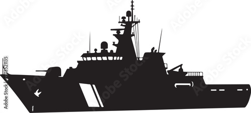 Military ship, naval vessel, warship silhouette, black icon, vector graphics