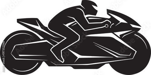 Motorcycle rider, futuristic bike, black silhouette, white outline, vector icon