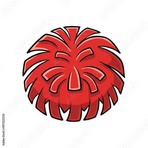 Cartoon illustration of a fluffy red pom-pom with stylized streamers, isolated on white