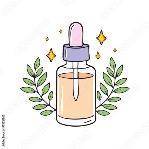 Glass dropper bottle with cosmetic liquid surrounded by green leaves and sparkles