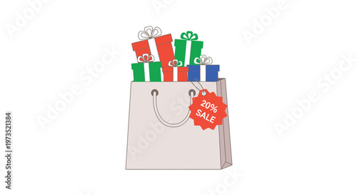 Sale shopping bag with colorful gifts.