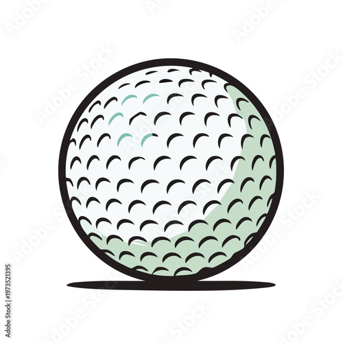 Close-up of a single textured white golf ball with dimples and a black outline, isolated on a white background.