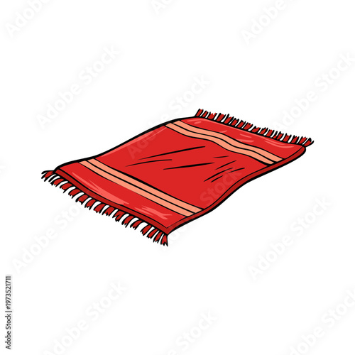 Vibrant red oriental rug with tassels and striped design on a white background