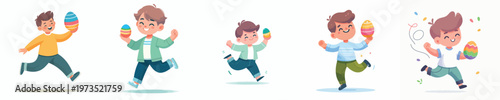 vector of a little boy stand happily dancing and holding an Easter egg