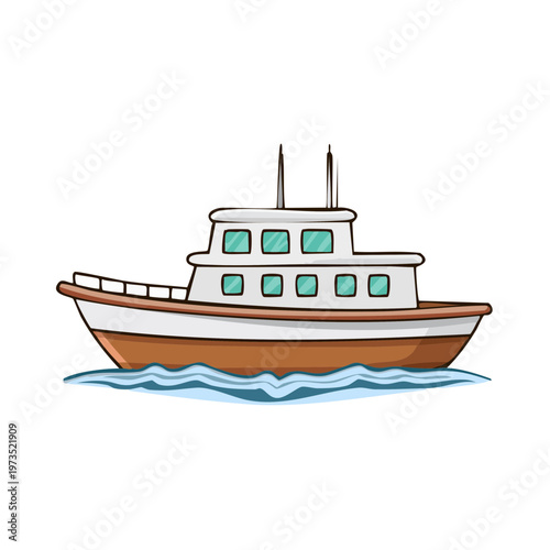 Cartoon motorboat sailing on blue waves with white background illustration