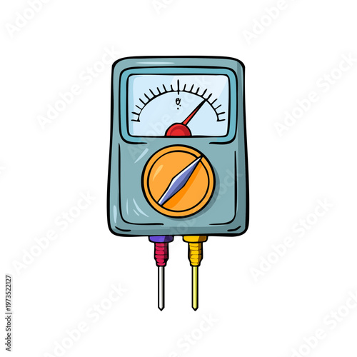 Hand Drawn Illustration of a Vintage Multimeter with Analog Gauge and Probes
