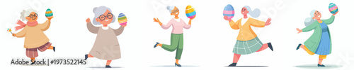 vector of a grandma stand happily dancing and holding an Easter egg