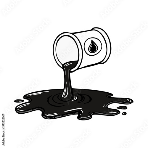 Black liquid spilling from an overturned barrel creating a pool on a white surface