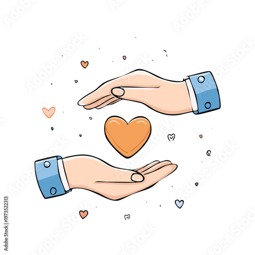 Caring hands cradling a glowing heart with small hearts floating around