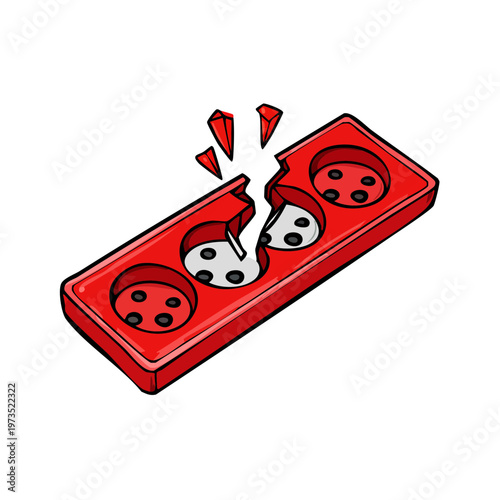 Red broken electrical power strip with jagged edges and white background