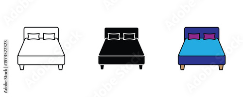 Comfortable double bed with pillows icon set for hotel and home bedroom furniture.