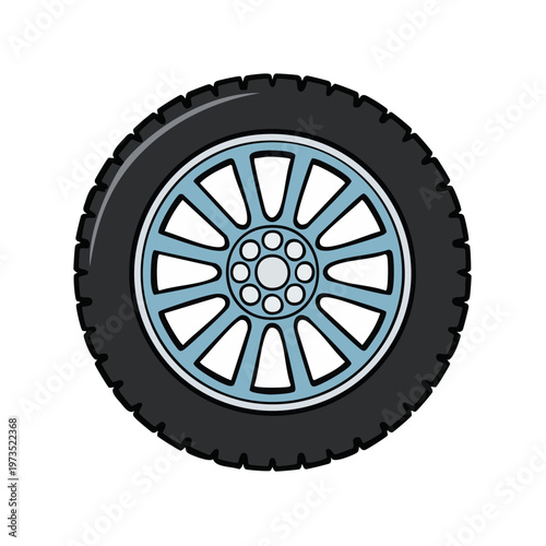 Clean cartoon illustration of a car tire and alloy wheel with a white background