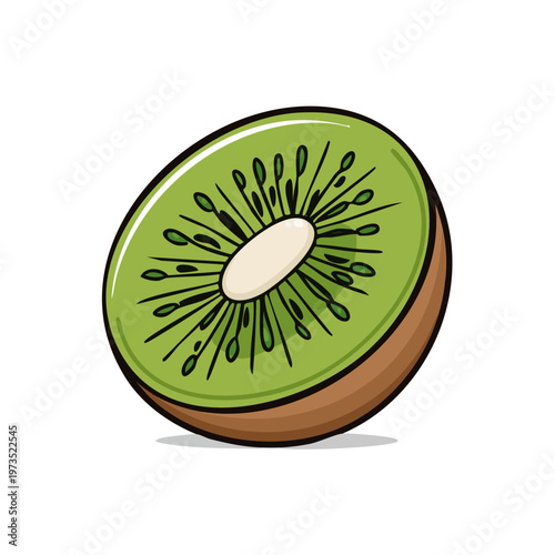 Vibrant cartoon illustration of a sliced kiwi fruit showing its juicy green flesh and tiny black seeds