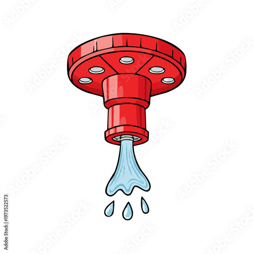 Red sprinkler head spraying water drops for fire safety and emergency response