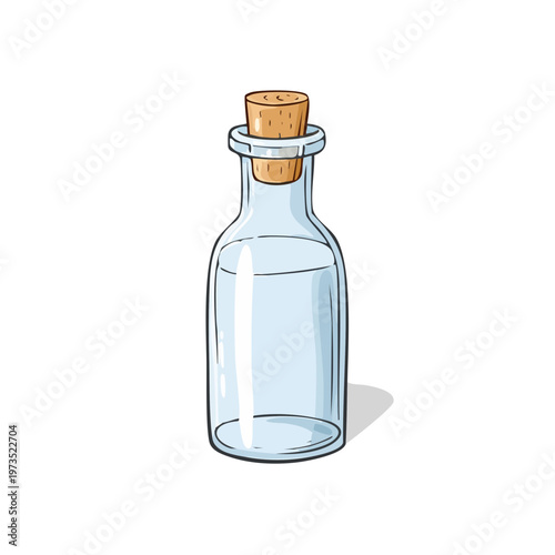 Clear glass bottle with a cork stopper and a small amount of liquid inside