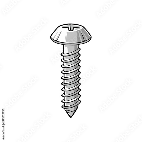 Sharp metal screw with a cross-shaped slot on its head and a pointed tip for fastening