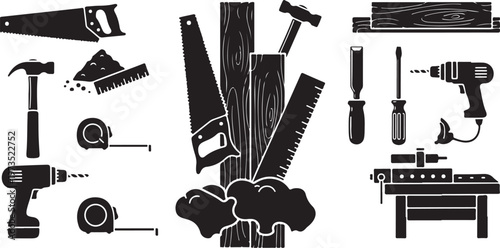 Black and white illustration of carpentry tools set