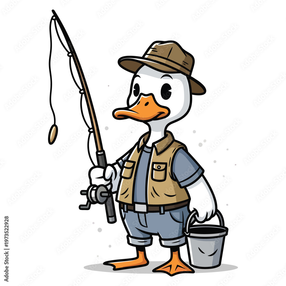 Obraz premium Cute duck character wearing a fishing hat and vest holds a rod and bucket in this colorful vector graphic illustration