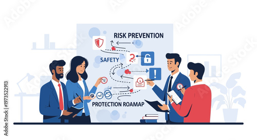 Business Team Discussing Risk Prevention and Safety Protection Roadmap Strategy