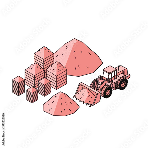 Isometric Illustration of Construction Site with Loader and Sand Piles.