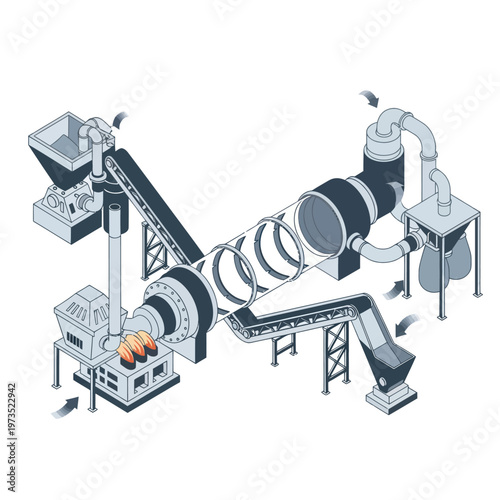 Isometric Illustration of an Industrial Manufacturing Process with Conveyor Belts.