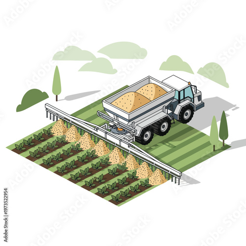 Agricultural Spreader Truck Applying Fertilizer to Crop Field.