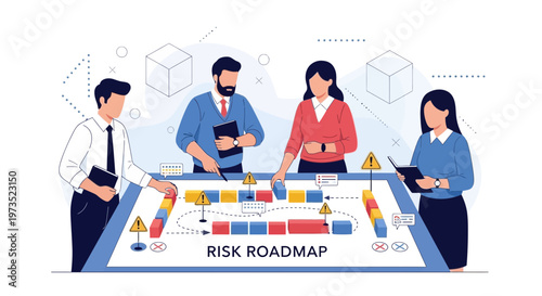 Business team planning risk roadmap strategy, analyzing challenges and solutions on a board