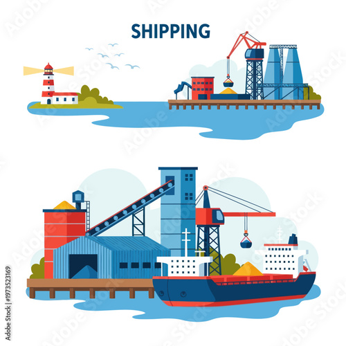 Shipping Port Scene with Cranes and Cargo Ships Illustration.
