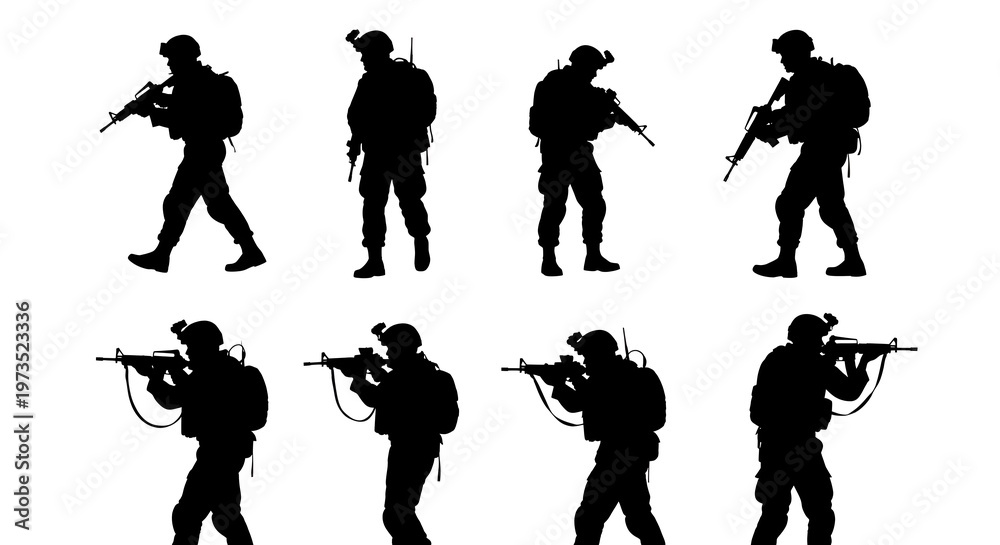 Naklejka premium Silhouettes of armed soldiers in various combat poses, depicting military personnel with rifles and tactical gear, presented on a clean white background for versatile design applications.