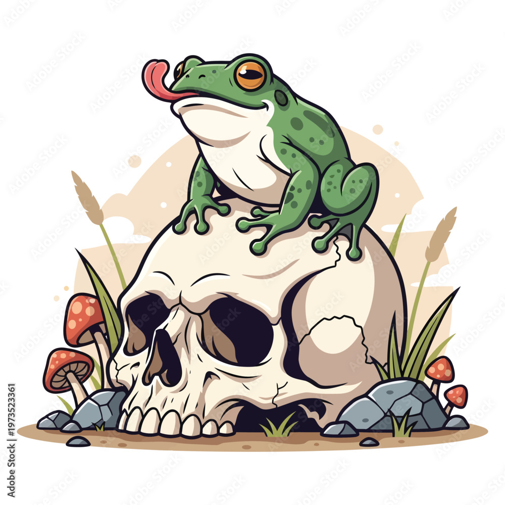 Obraz premium Vibrant vector illustration features a comical green frog with its tongue out, perched atop a human skull amidst mystical mushrooms and natural elements.