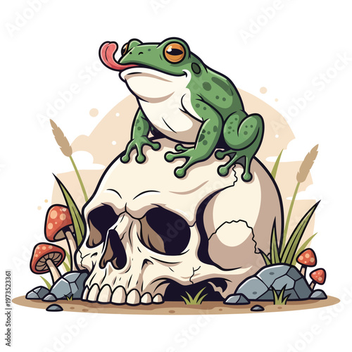 Vibrant vector illustration features a comical green frog with its tongue out, perched atop a human skull amidst mystical mushrooms and natural elements.
