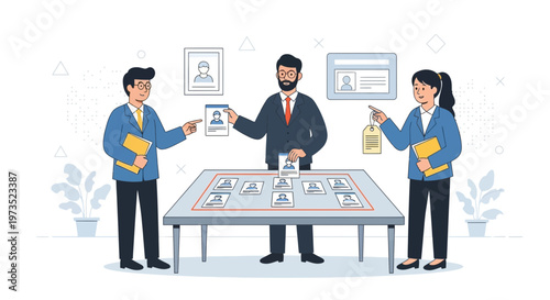 Business team selecting candidates from profile cards on a table, recruitment concept