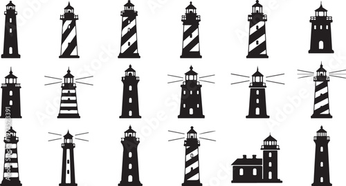 Various Black Silhouettes of Lighthouses on White Background
