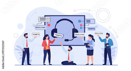 Customer support team collaborating around a large screen with headset icon, handling tickets.