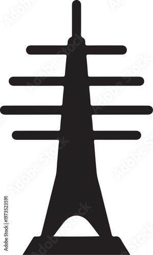 Black silhouette TV tower, communication tower icon, broadcasting mast symbol, antenna structure