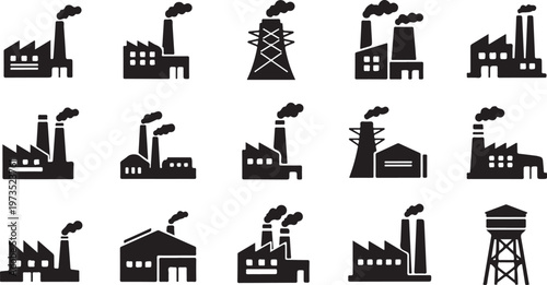 Industrial Factory Buildings and Smoking Chimneys Icons Set