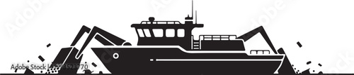Black silhouette fishing trawler boat, ocean vessel, sea ship, fishing industry