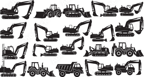 Collection of heavy construction equipment silhouettes on white