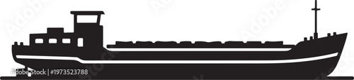 Cargo ship, freight vessel, black silhouette, vector icon, transportation symbol