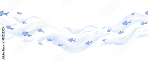 Fotografie Watercolor seamless border with blue fish silhouettes swimming in water waves current