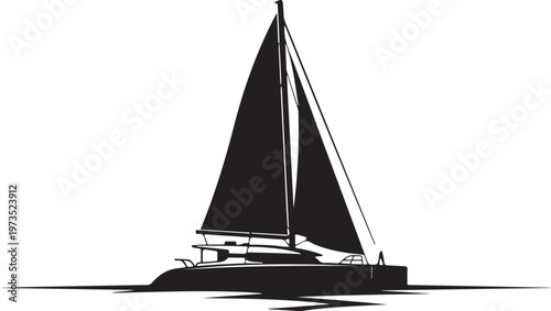 Sailboat, Catamaran, Vector Illustration, Black Sailing Boat, Ocean Icon