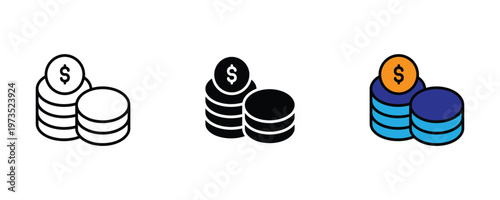 Stack of dollar coins icon set representing financial savings and business investment growth. Vector Illustration.